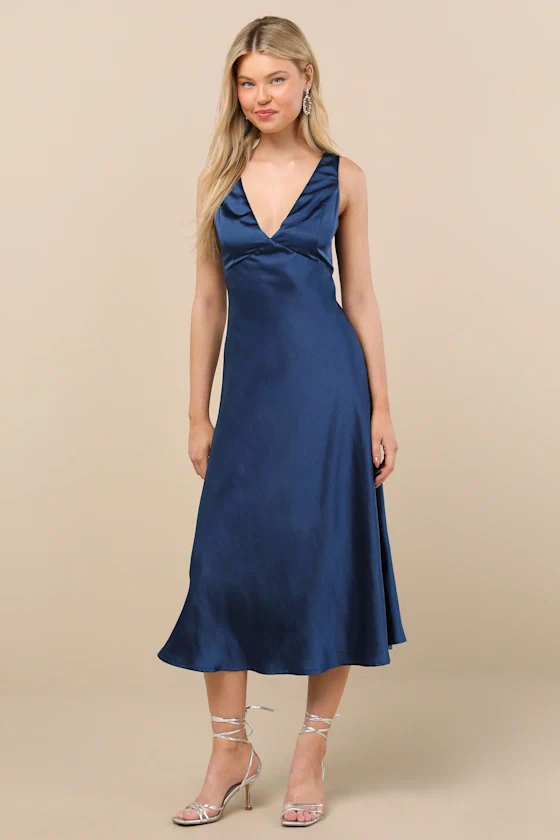 Incredible Love Navy Satin Cowl Back Midi Slip Dress