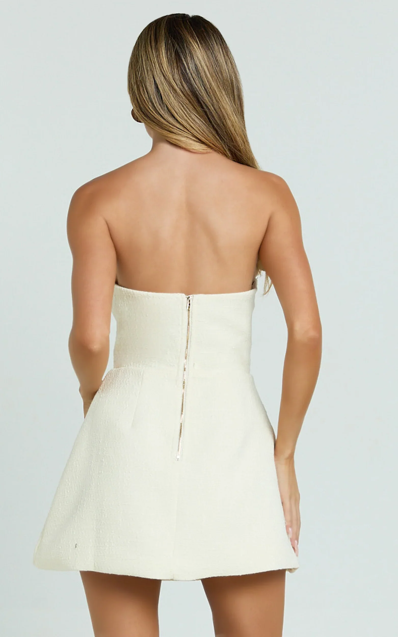 Alodia Mini Dress Boucle Strapless Tulip Skirt Dress in Cream