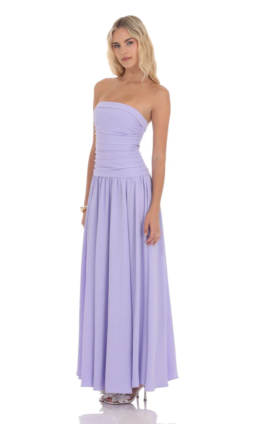Strapless Drop Waist Maxi Dress in Lavender