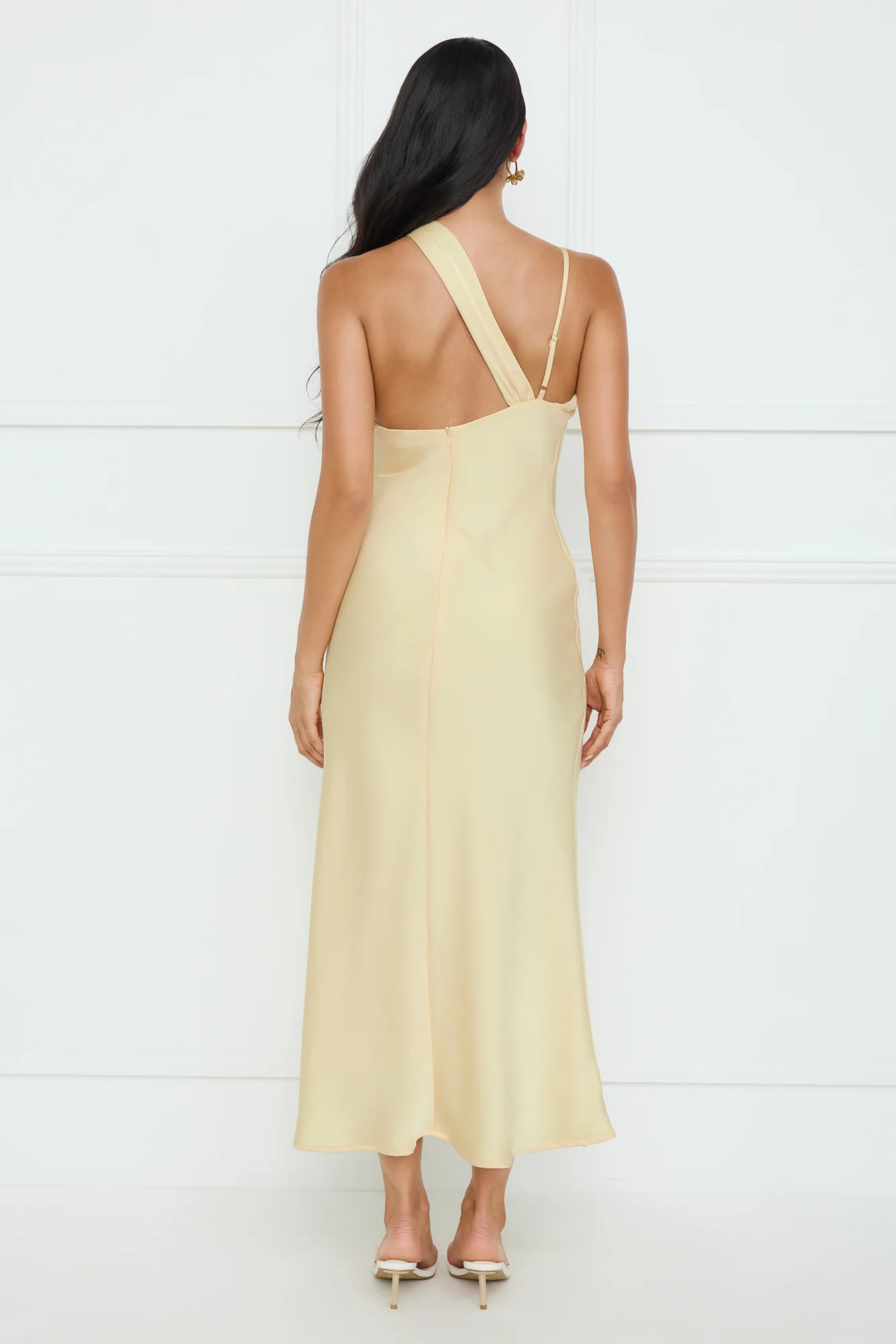 Whispering Palms Satin Midi Dress Yellow