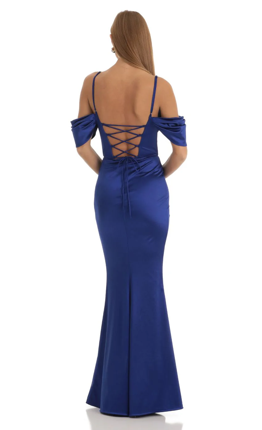 Ruched Satin Maxi Dress in Blue