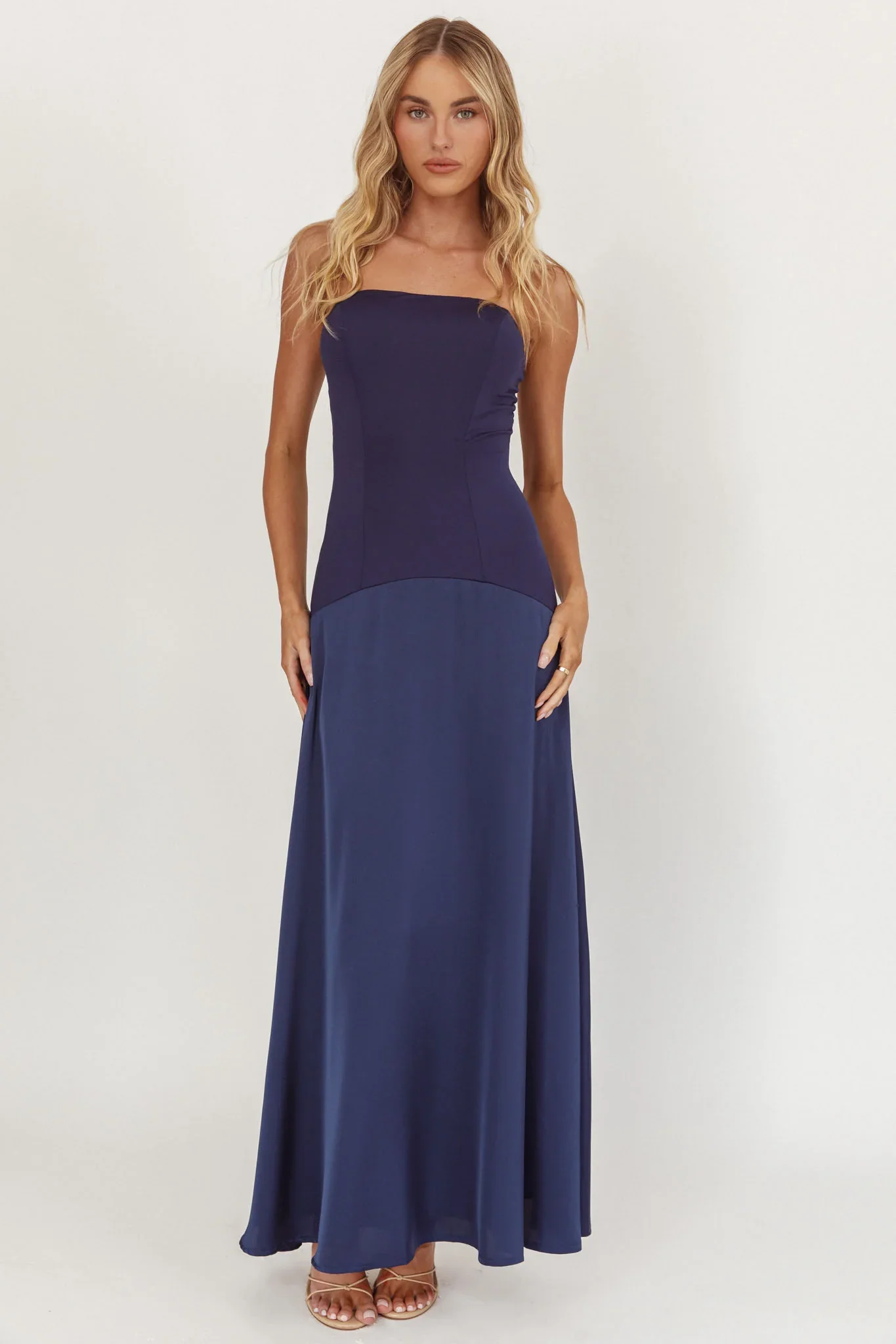 Star Avenue Strapless Drop Waist Maxi Dress Navy