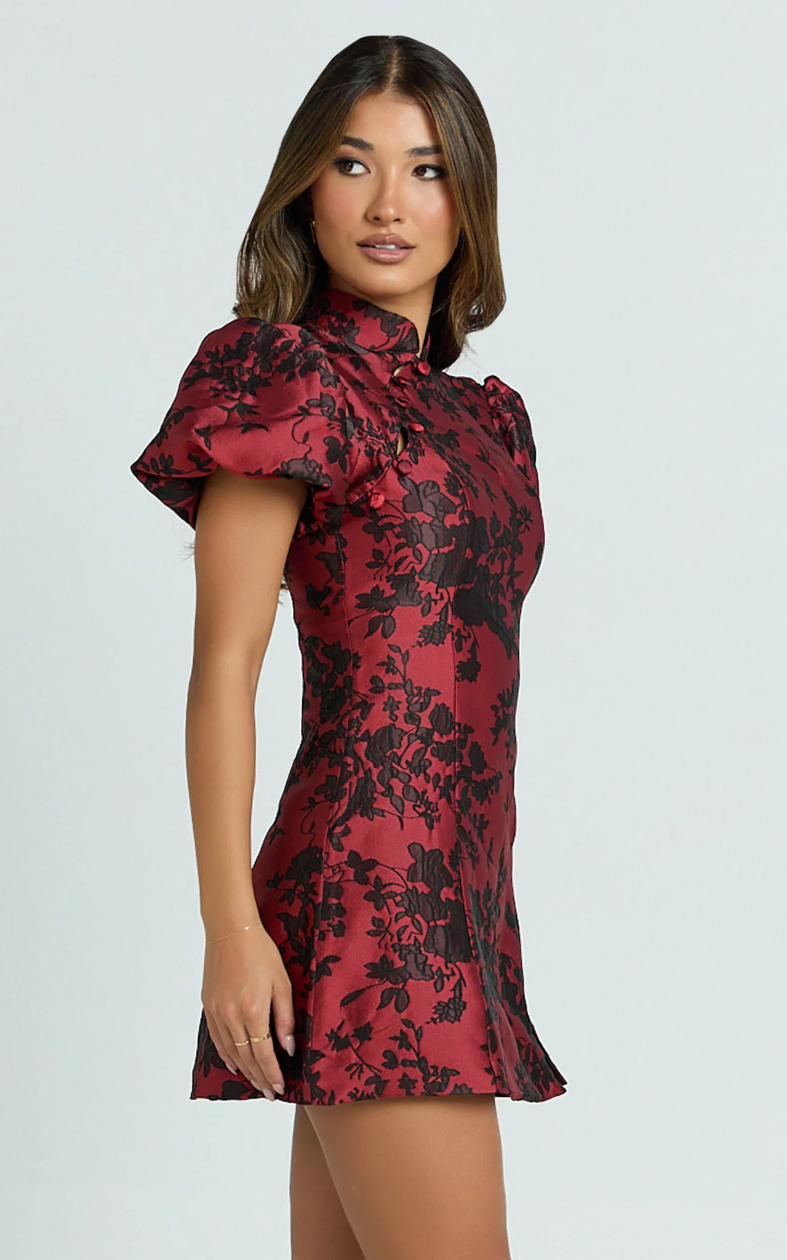 Mackay Mini Dress Jacquard High Neck Puff Sleeve Dress in Red