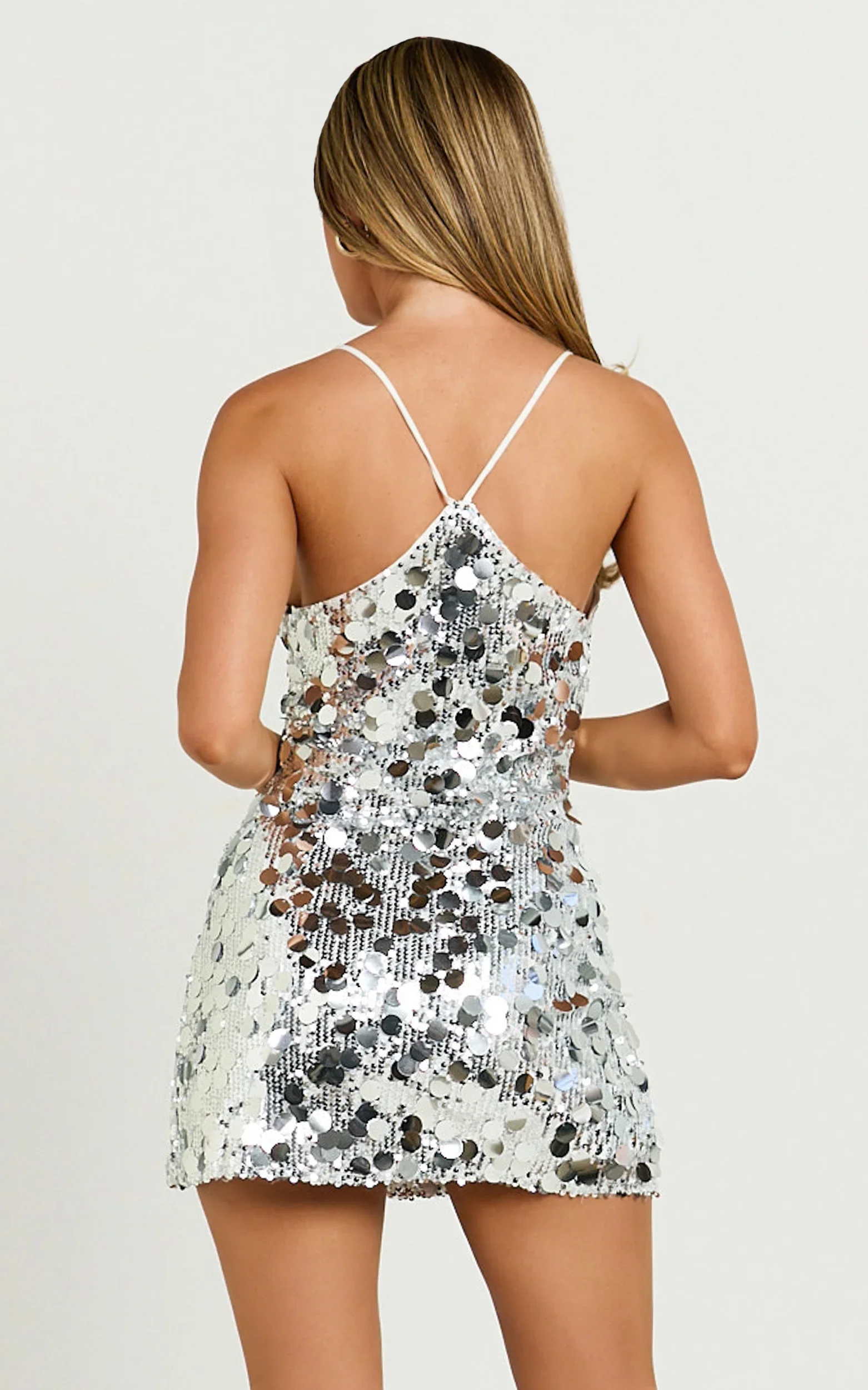 Amore Mini Dress Sequin V Neck Slip Dress in Silver