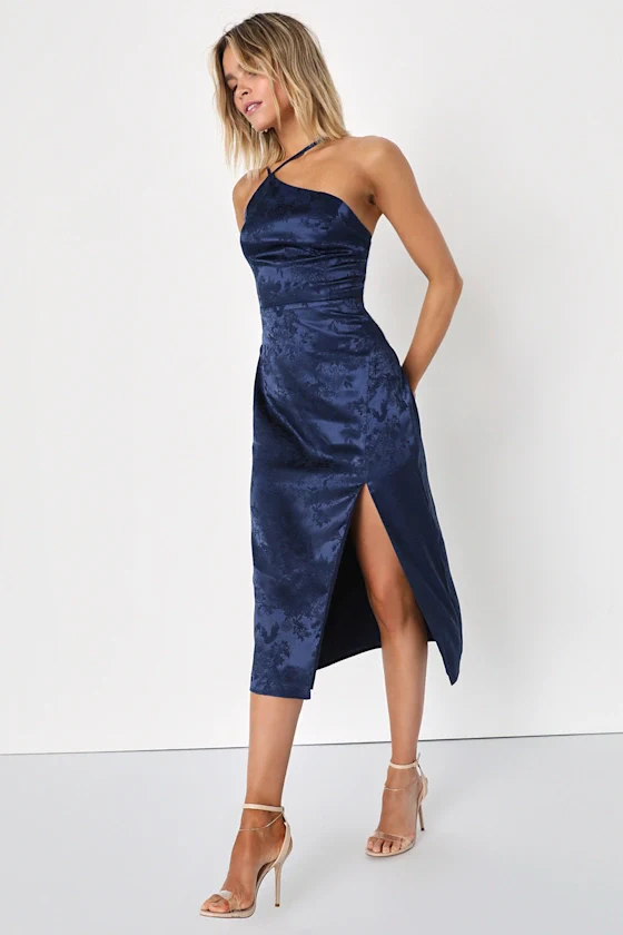 Desirable Dream Navy Blue Satin Jacquard Halter Neck Midi Dress