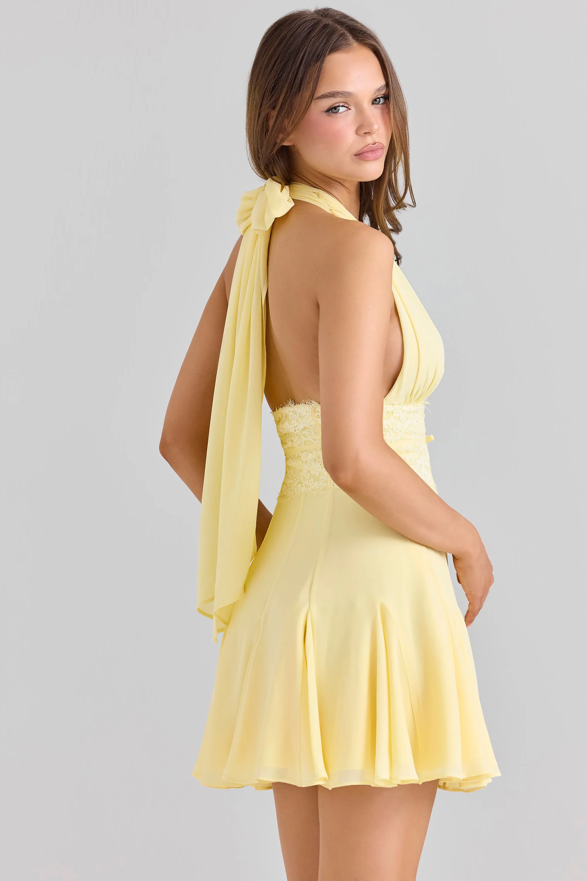 Butter Yellow Georgette Halter Neck Mini Dress