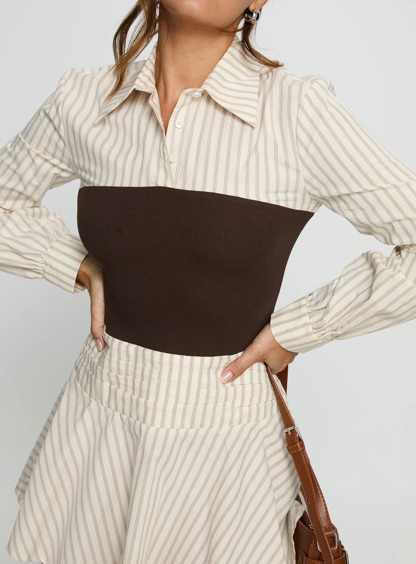 Belva Long Sleeve Corset Shirt Mini Dress Brown Stripe