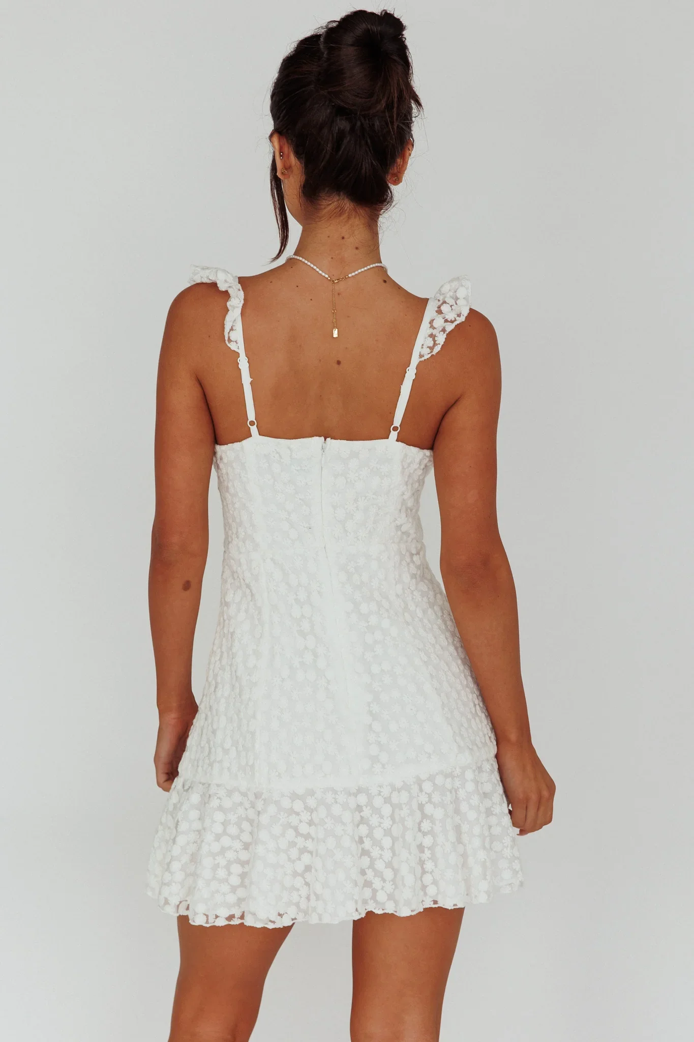 Shenay Ruffle Strap Embroidered Mini Dress White