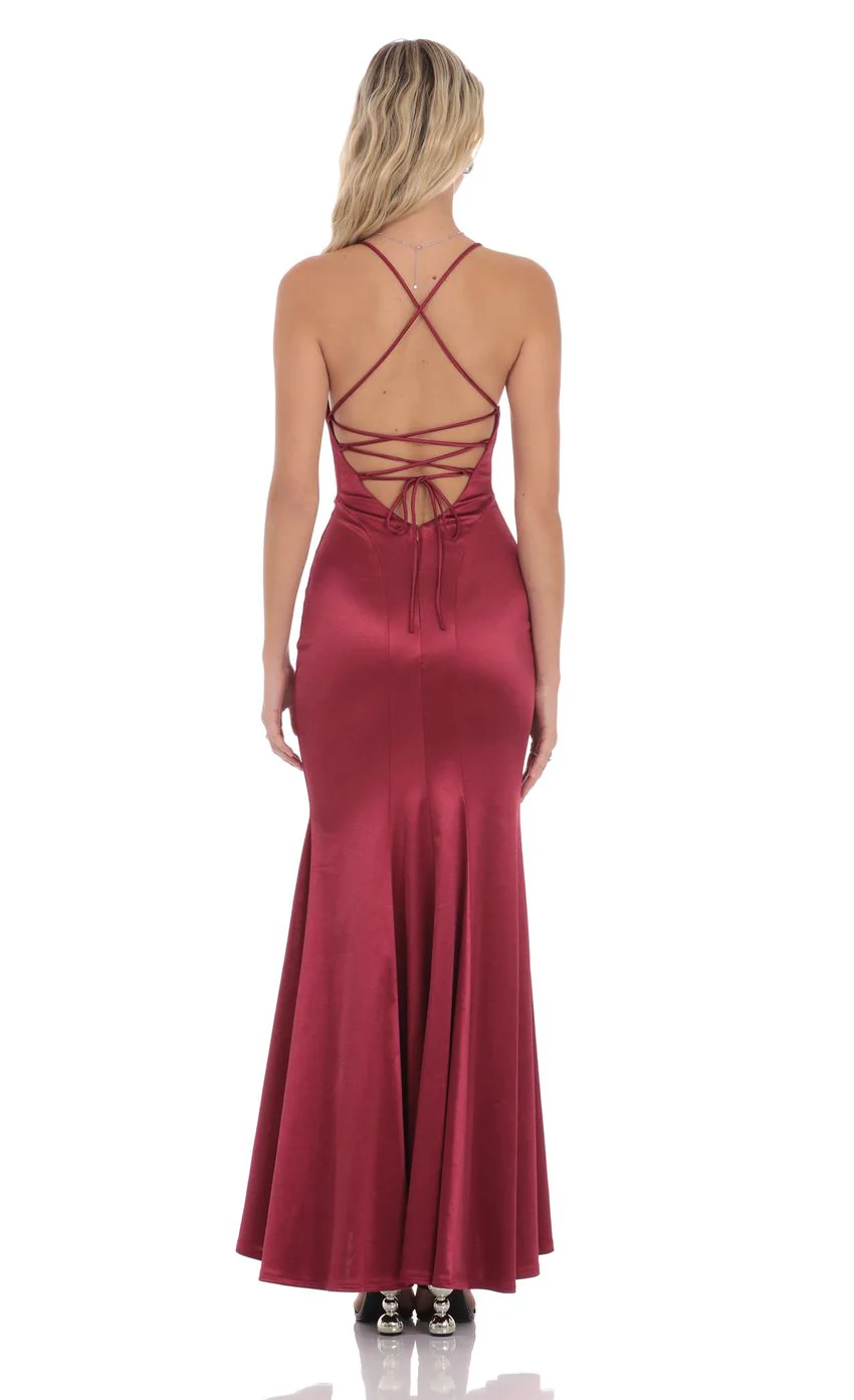 Satin Open Back Mermaid Maxi Dress in Maroon