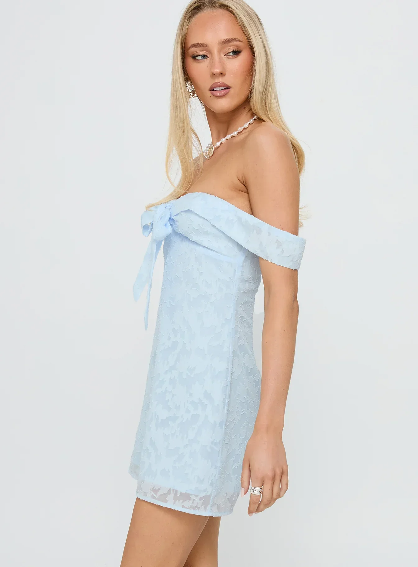 Christiana Off Shoulder Mini Dress Light Blue Burnout