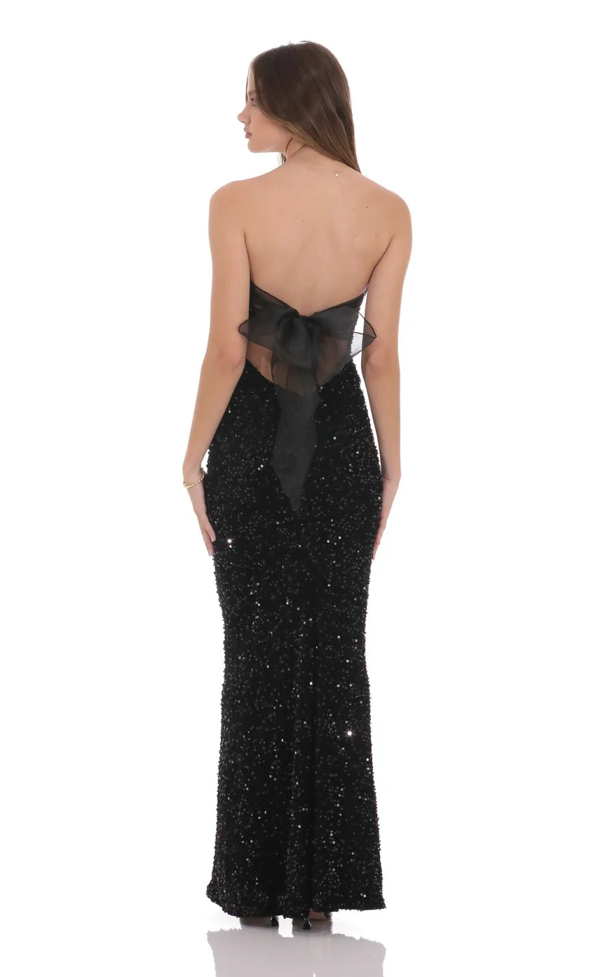 Velvet Sequin Strapless Maxi Dress in Black