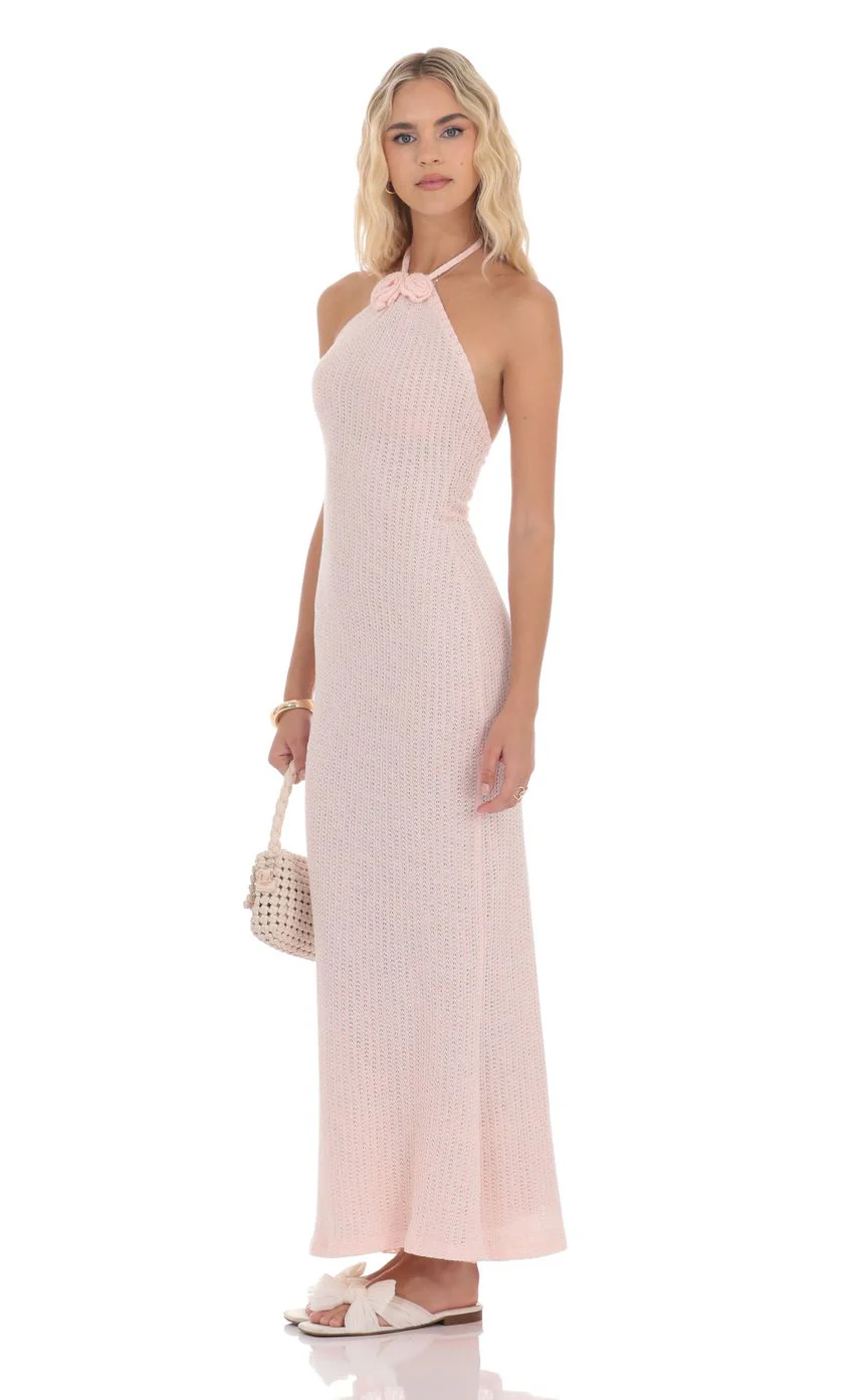 Crochet Halter Maxi Dress in Pink