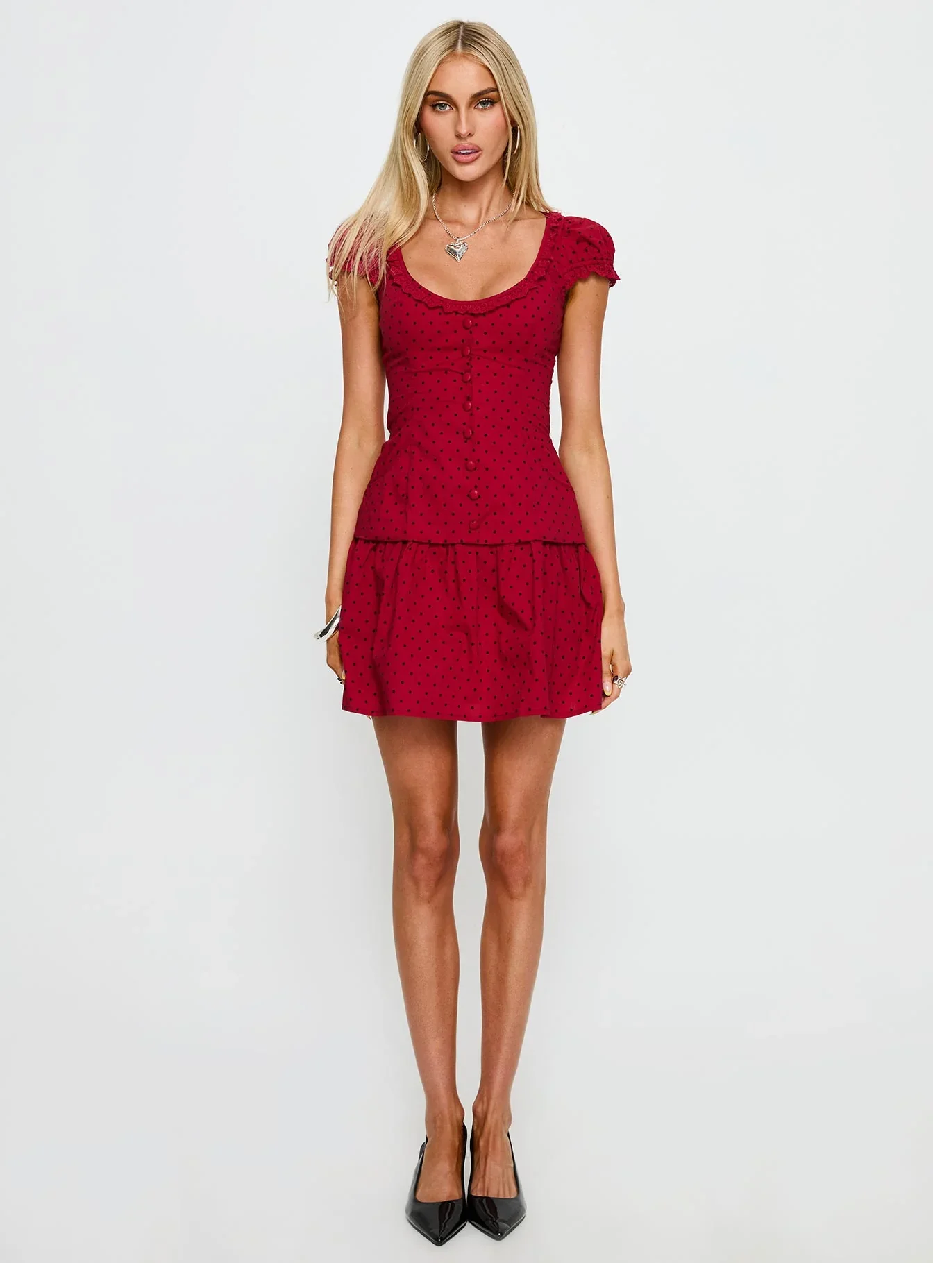 Ottillie Lace Trim Button Down Mini Dress Red Polka Dot