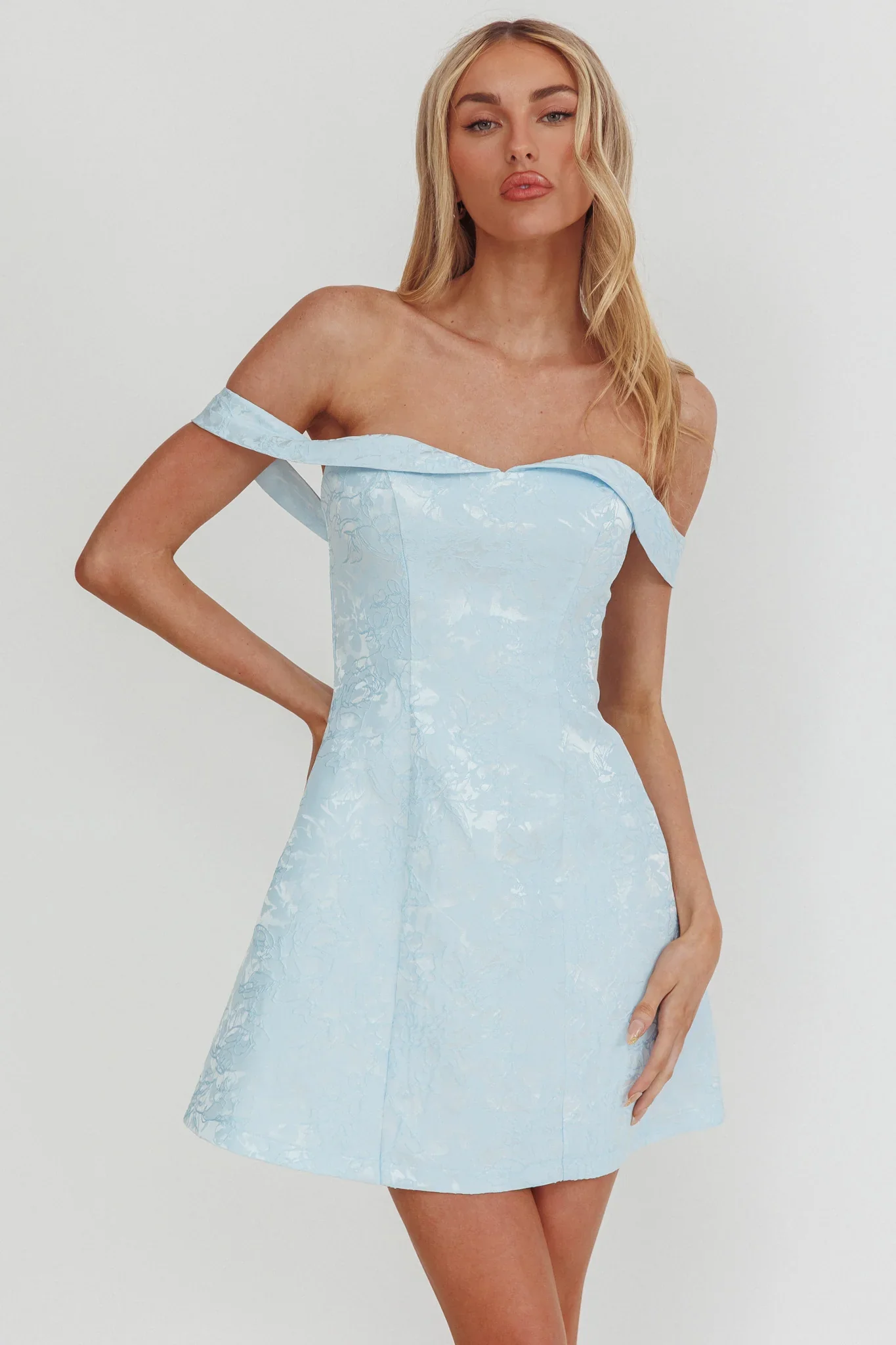 Mikado Off-Shoulder Foldover Mini Dress Jacquard Blue
