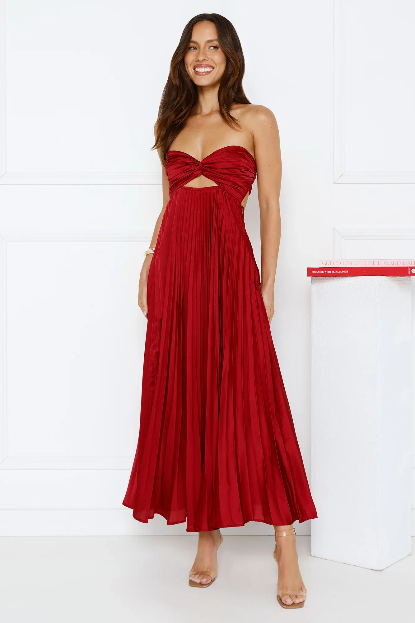 Clouds Of Love Strapless Pleated Maxi Dress Red