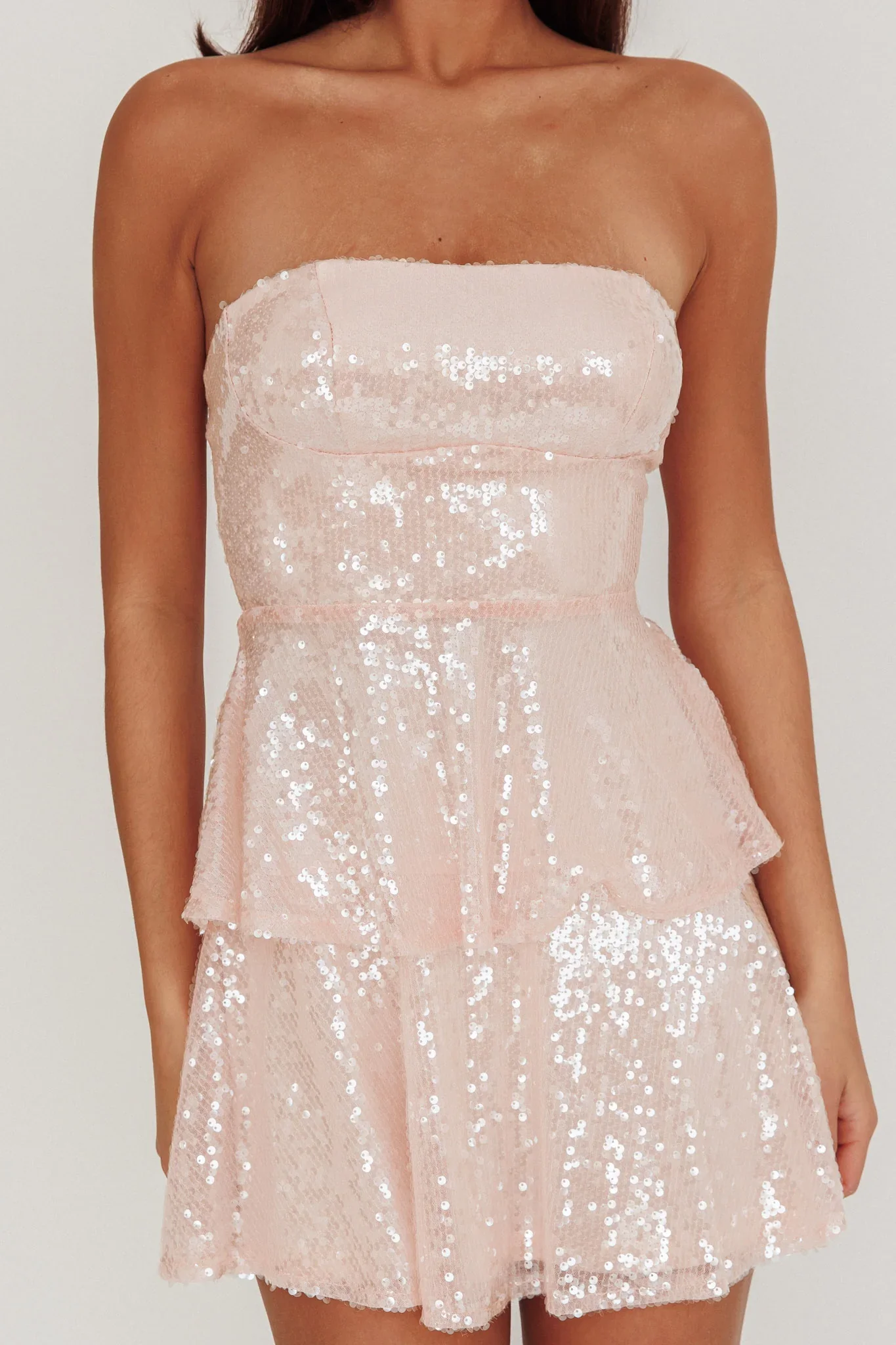 Provence Bloom Tiered Sequin Mini Dress Pink