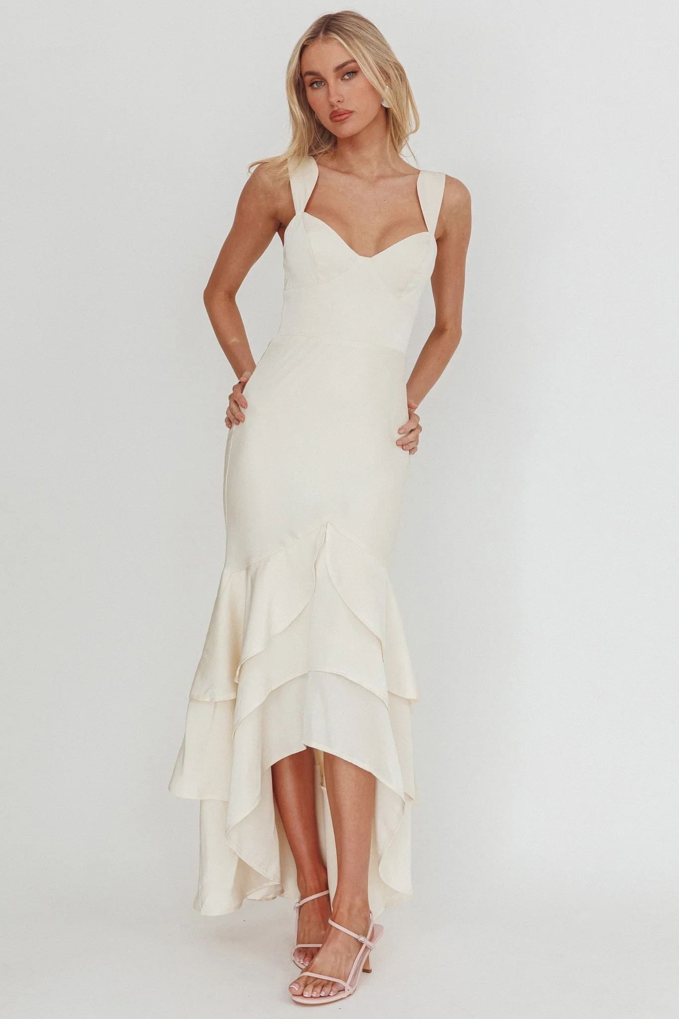 Baylin Layered Mermaid Hem Maxi Dress Cream