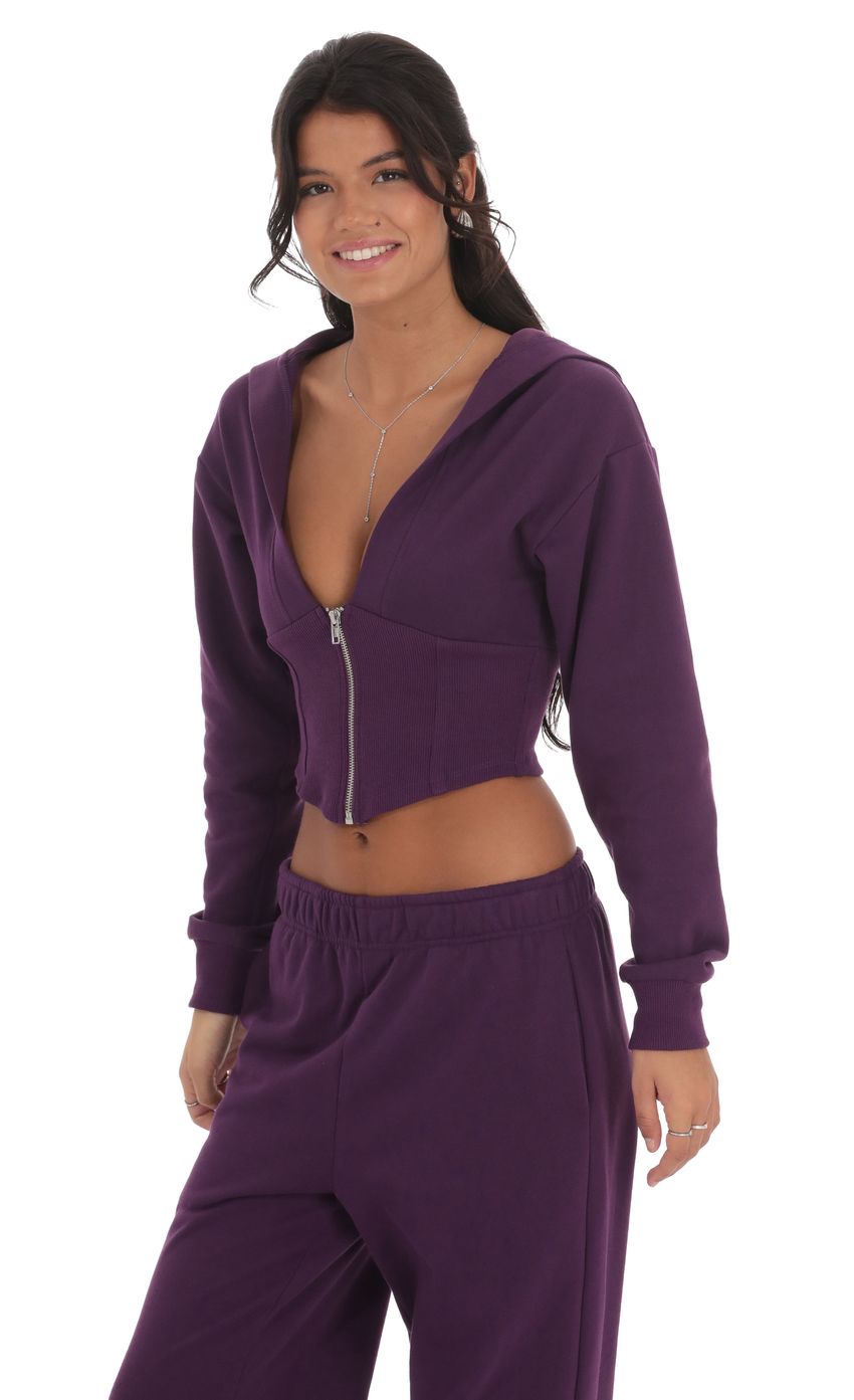 Cropped Pointed Hoodie Sports Suit in Purple