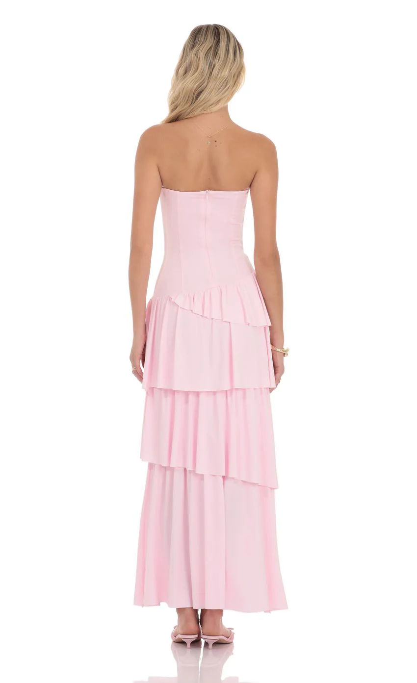 Strapless Asymmetrical Ruffle Maxi Dress in Pink