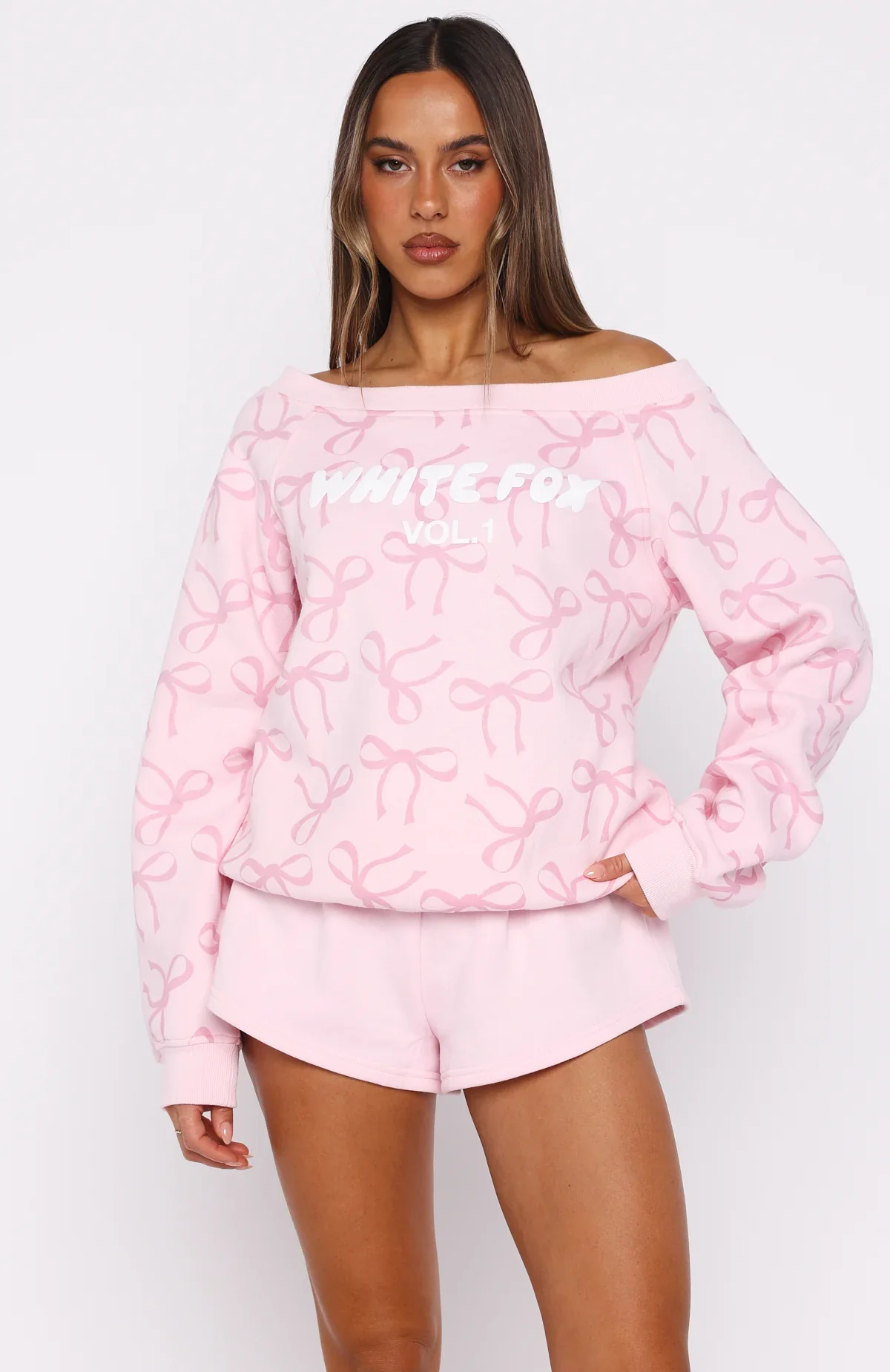 Vol. 1 Off Shoulder Printed Sweater Posy Bow