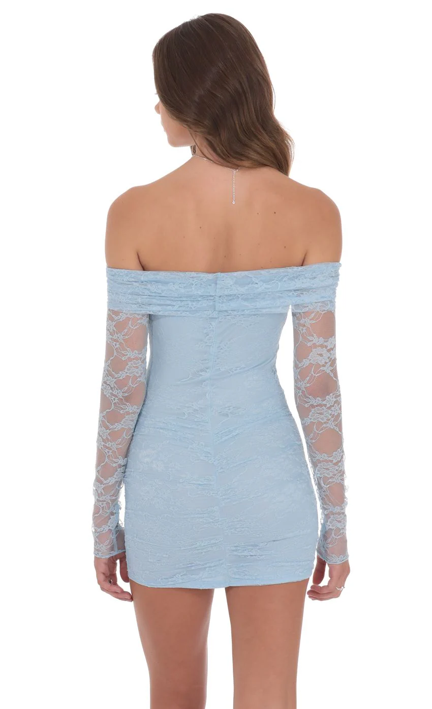 Off Shoulder Long Sleeve Lace Dress in Light Blue