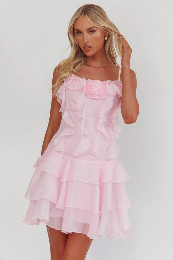 Sweetest Things Frill Trim Rosette Mini Dress Pink
