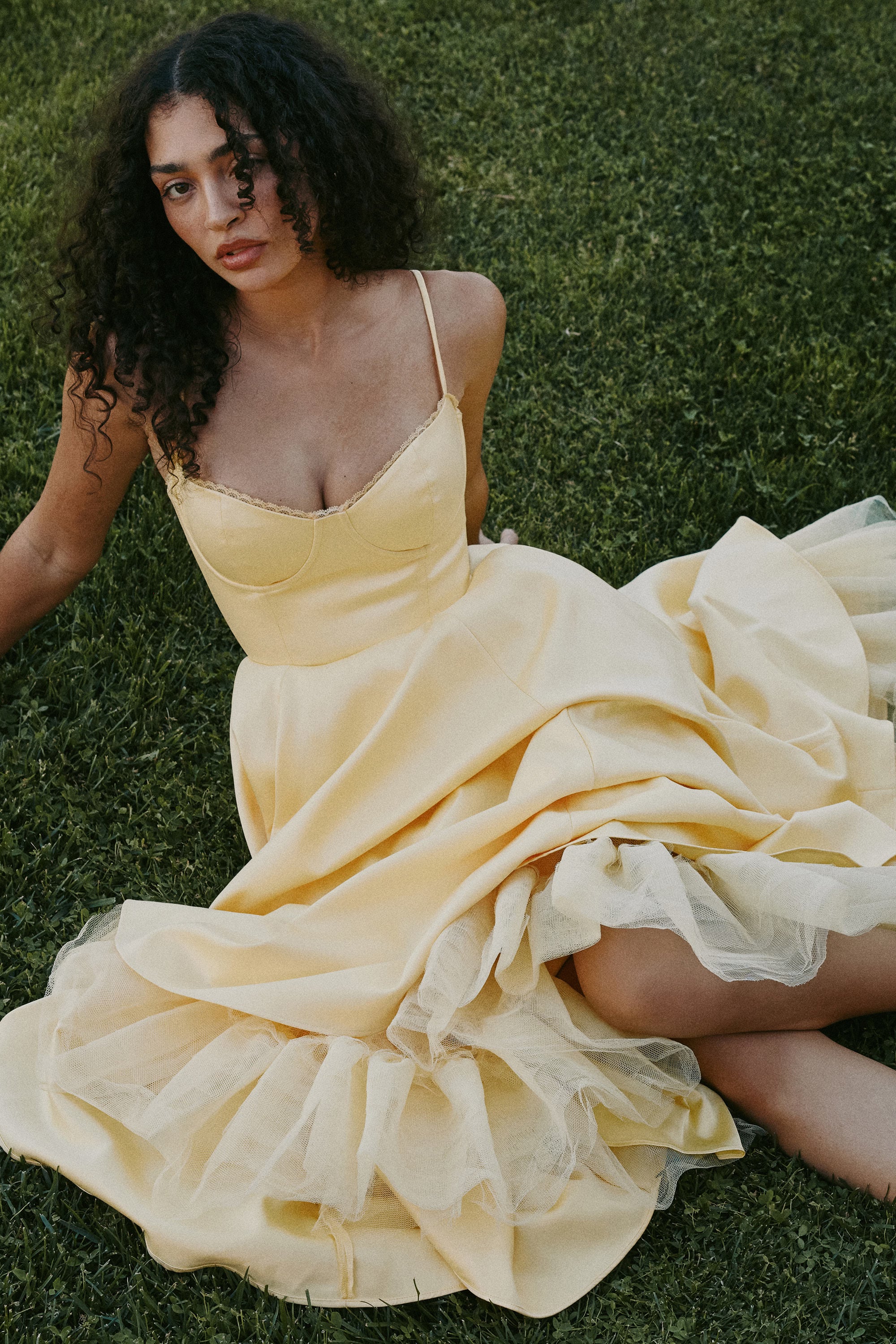 Sunshine Yellow Satin Tulle Midi Dress