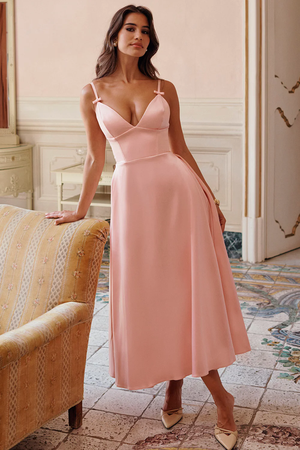 Parisian Pink Satin A-line Midi Dress