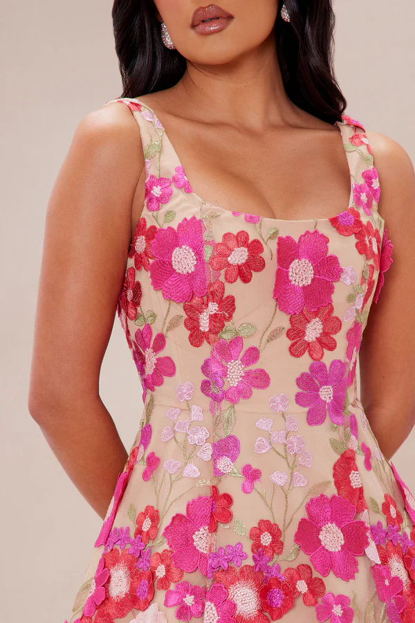 Flora Embroidered Mini Dress - Fuchsia/combo
