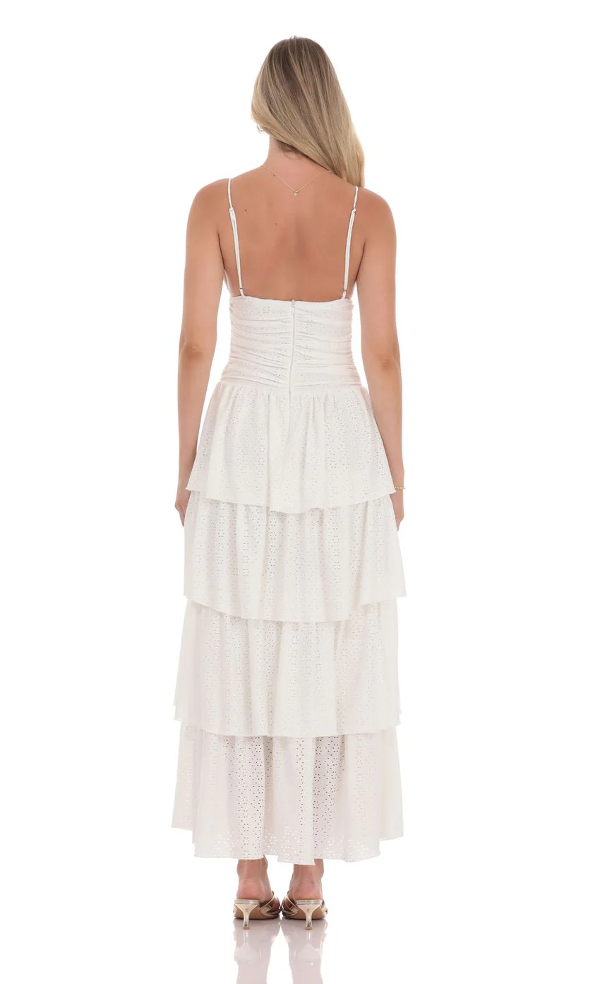 Ruched Ruffle Eyelet Maxi Dress in White