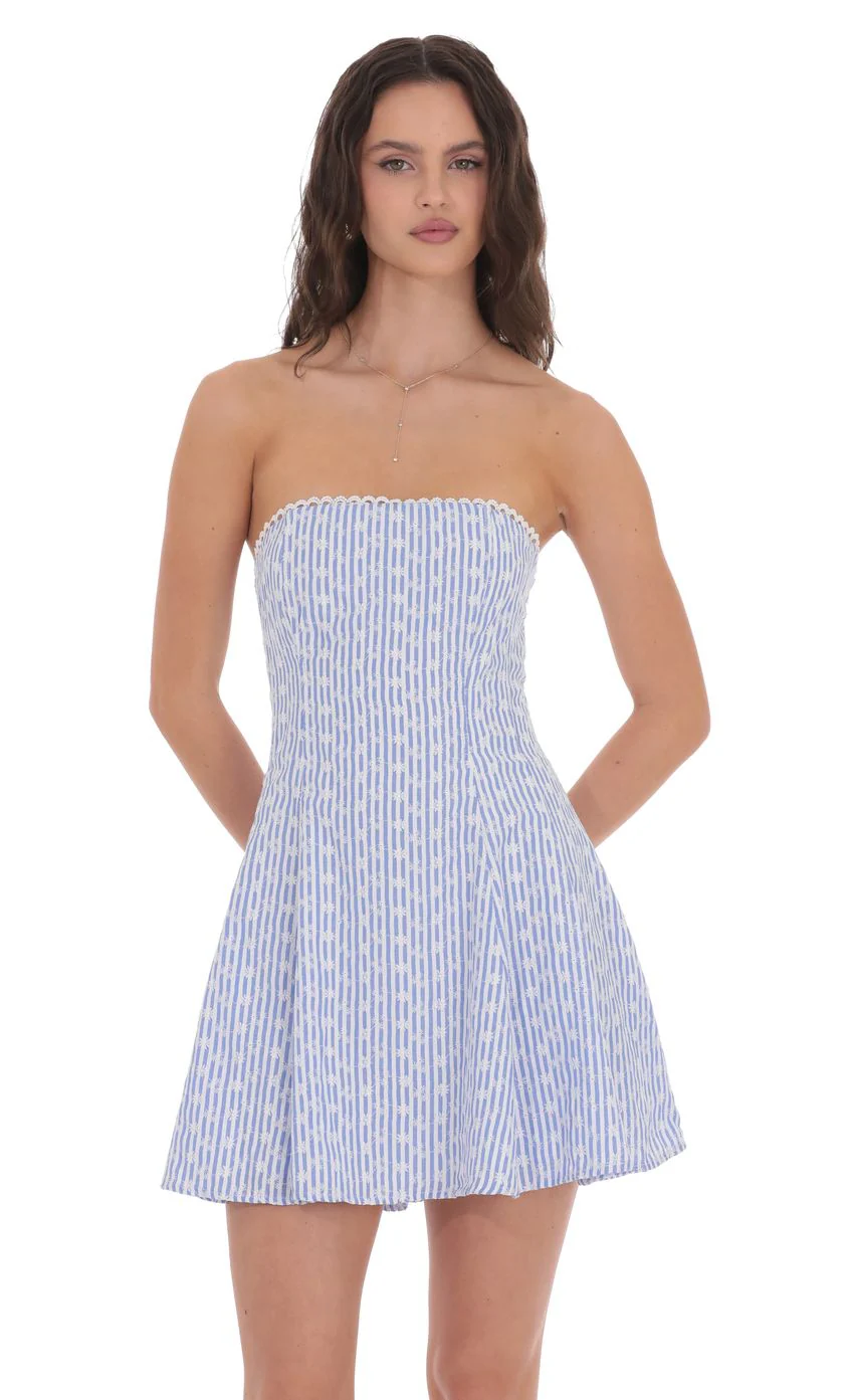 Striped Floral Strapless Dress in Blue and White