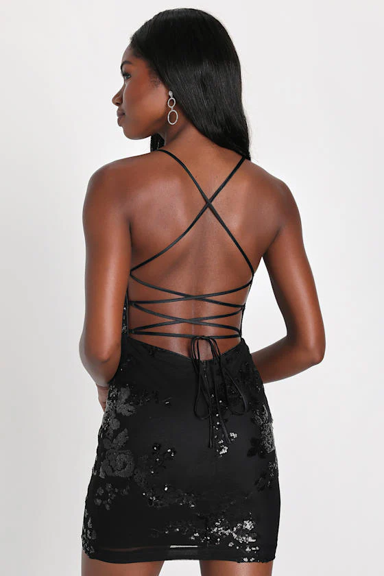 Valhalla Black Mesh Sequin Lace-Up Mini Dress