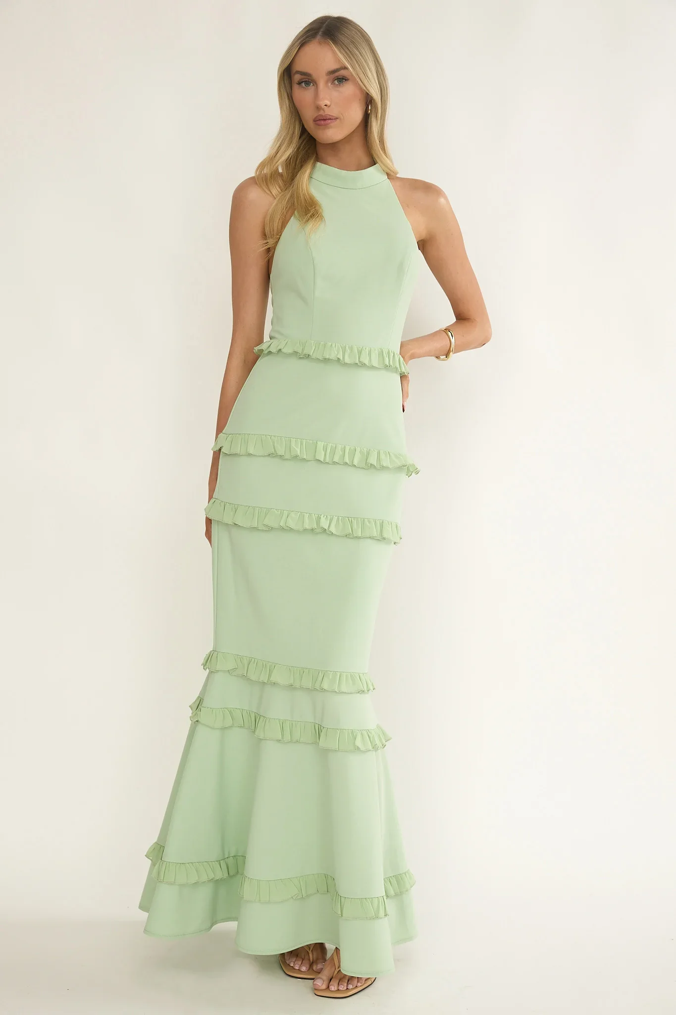 Haze Frill Trim Halterneck Maxi Dress Sage
