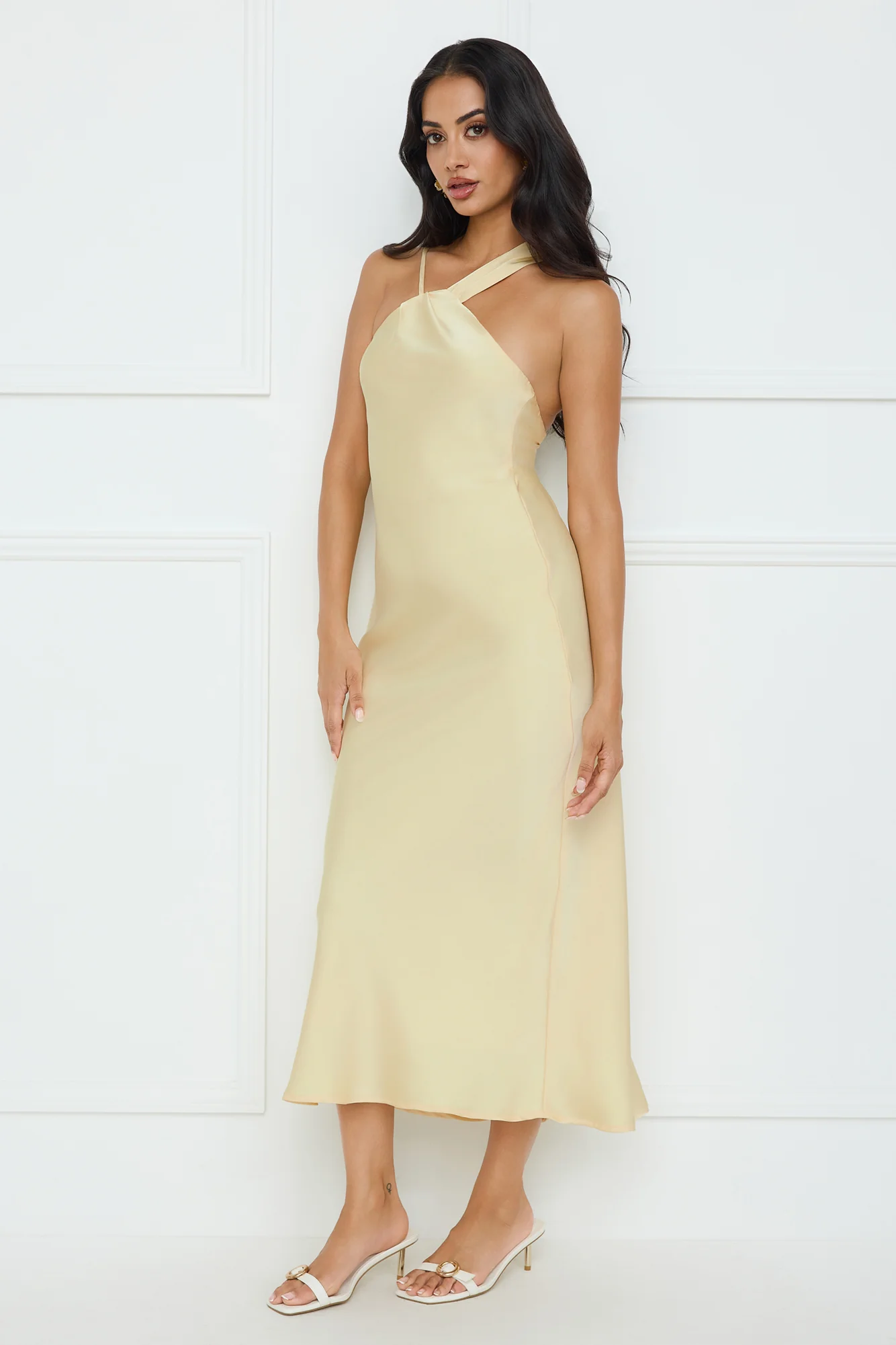 Whispering Palms Satin Midi Dress Yellow