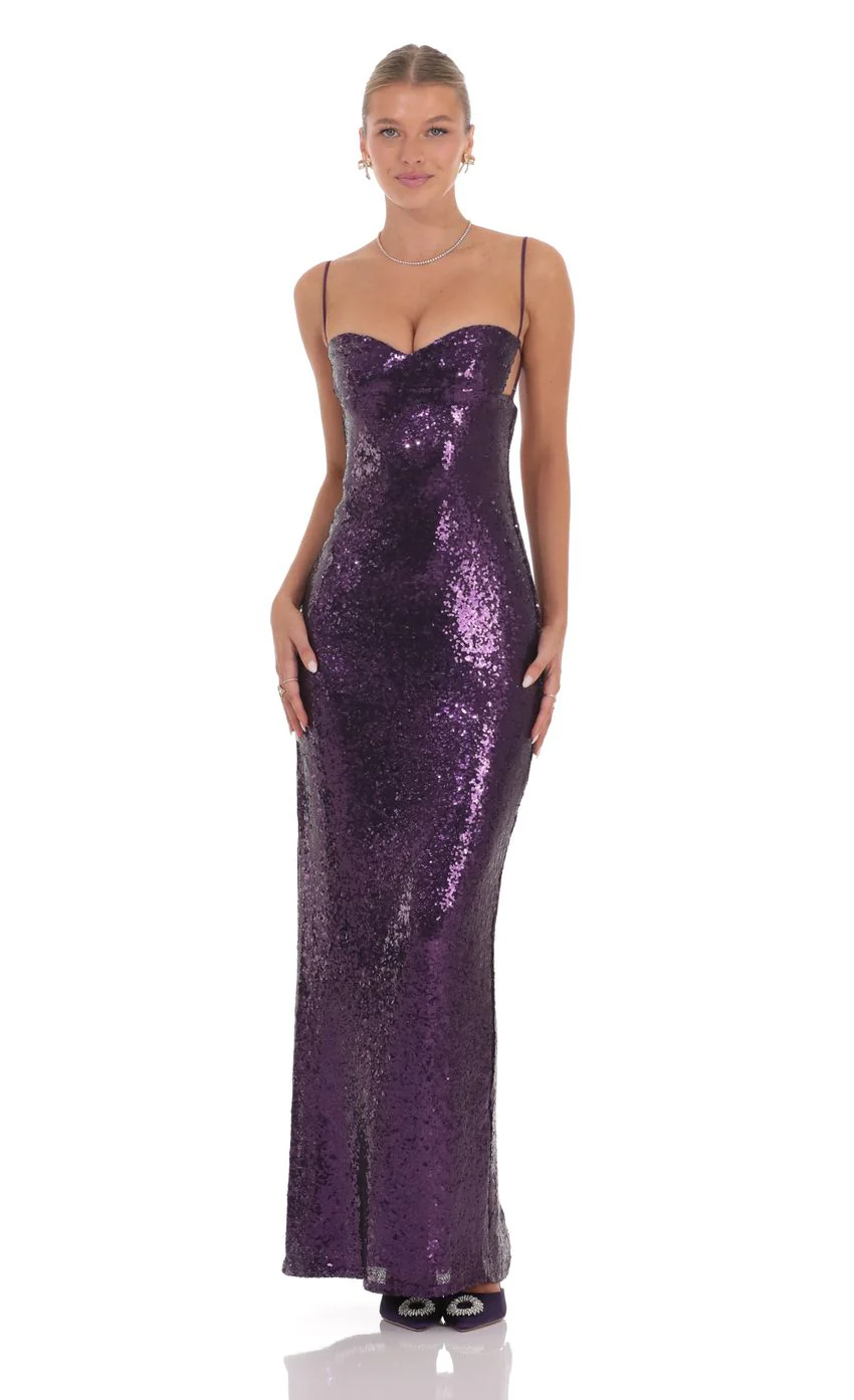 Sequin Open Back Maxi Dress in Purple