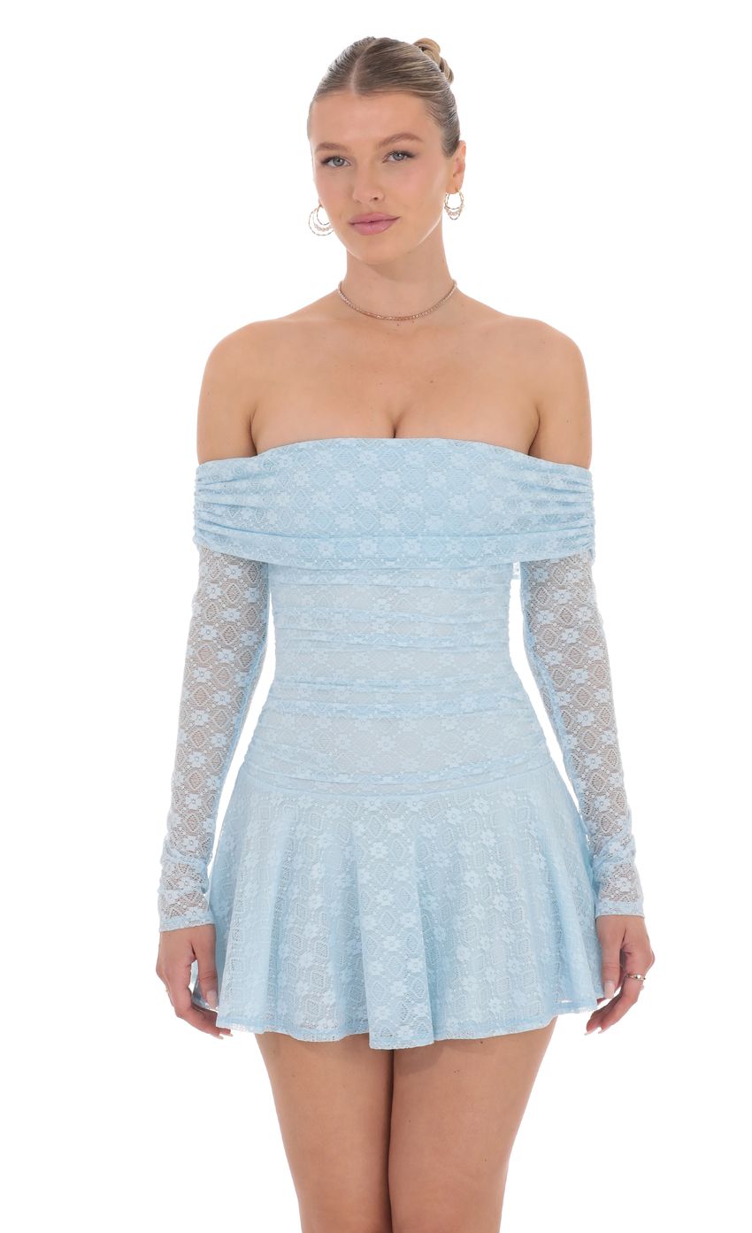 Lace Off Shoulder Flare Dress in Light Blue
