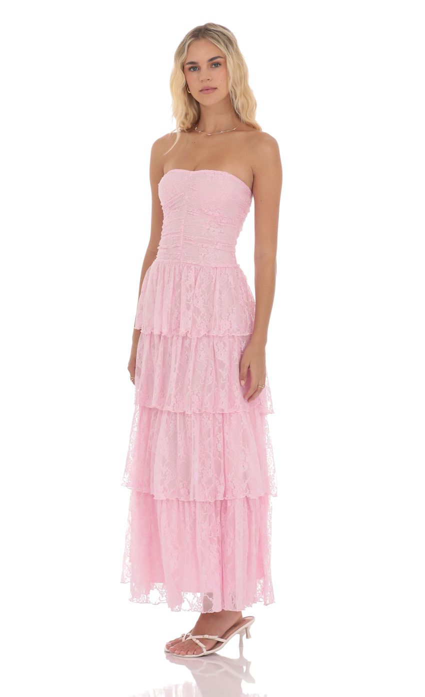 Lace Ruched Ruffle Maxi Dress in Pink