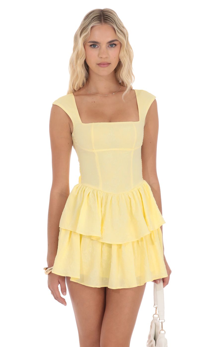 Floral Jacquard Wide Strap Ruffle Dress in Yellow