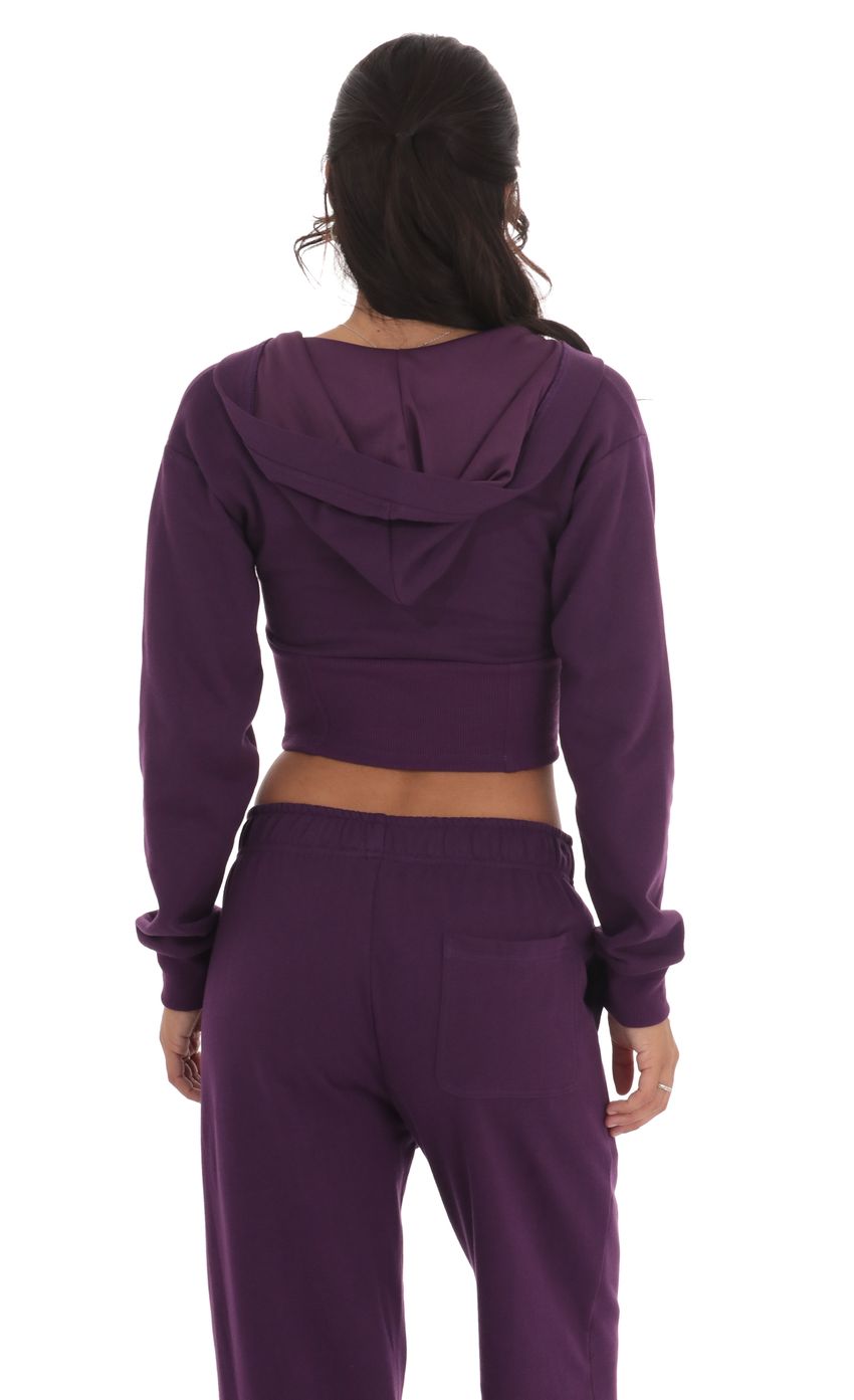 Cropped Pointed Hoodie Sports Suit in Purple