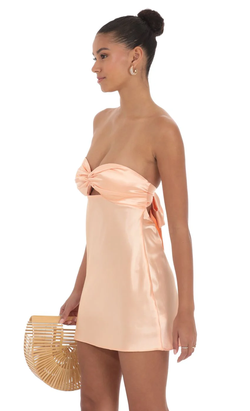 Satin Strapless Twist Cutout Dress in Peach