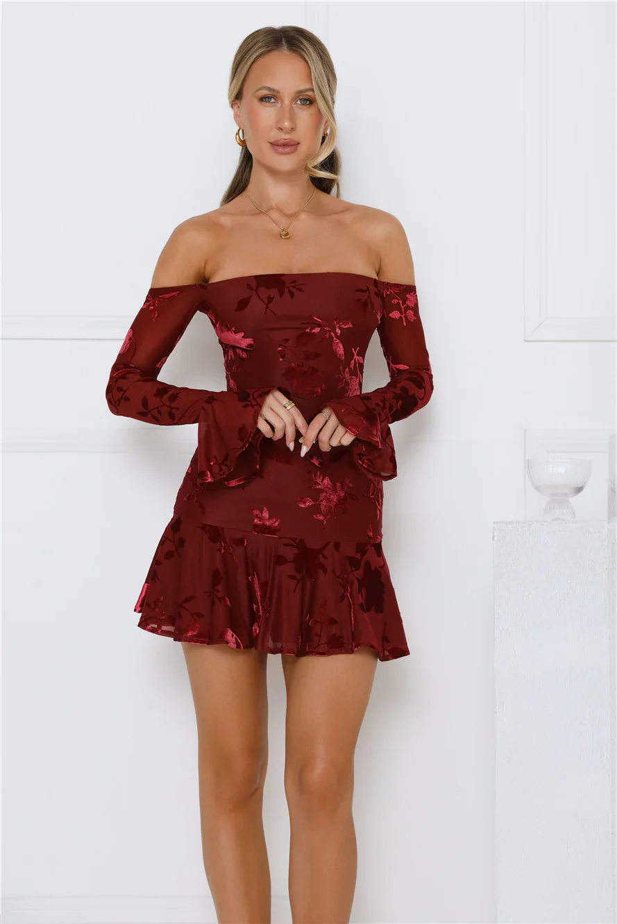 Electric Envy Off Shoulder Mini Dress Wine