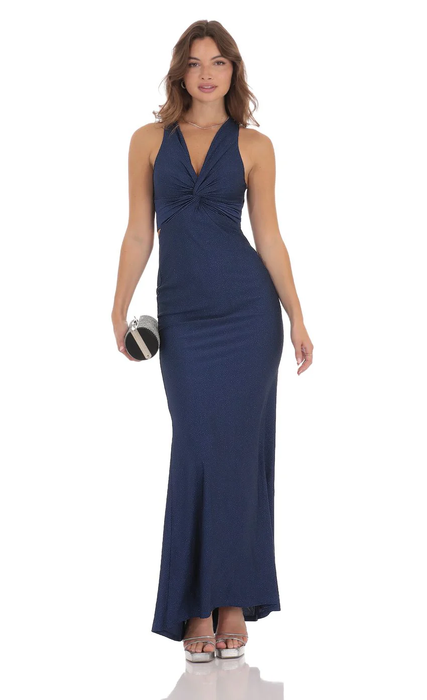 Glitter Twist V-Neck Maxi Dress in Navy