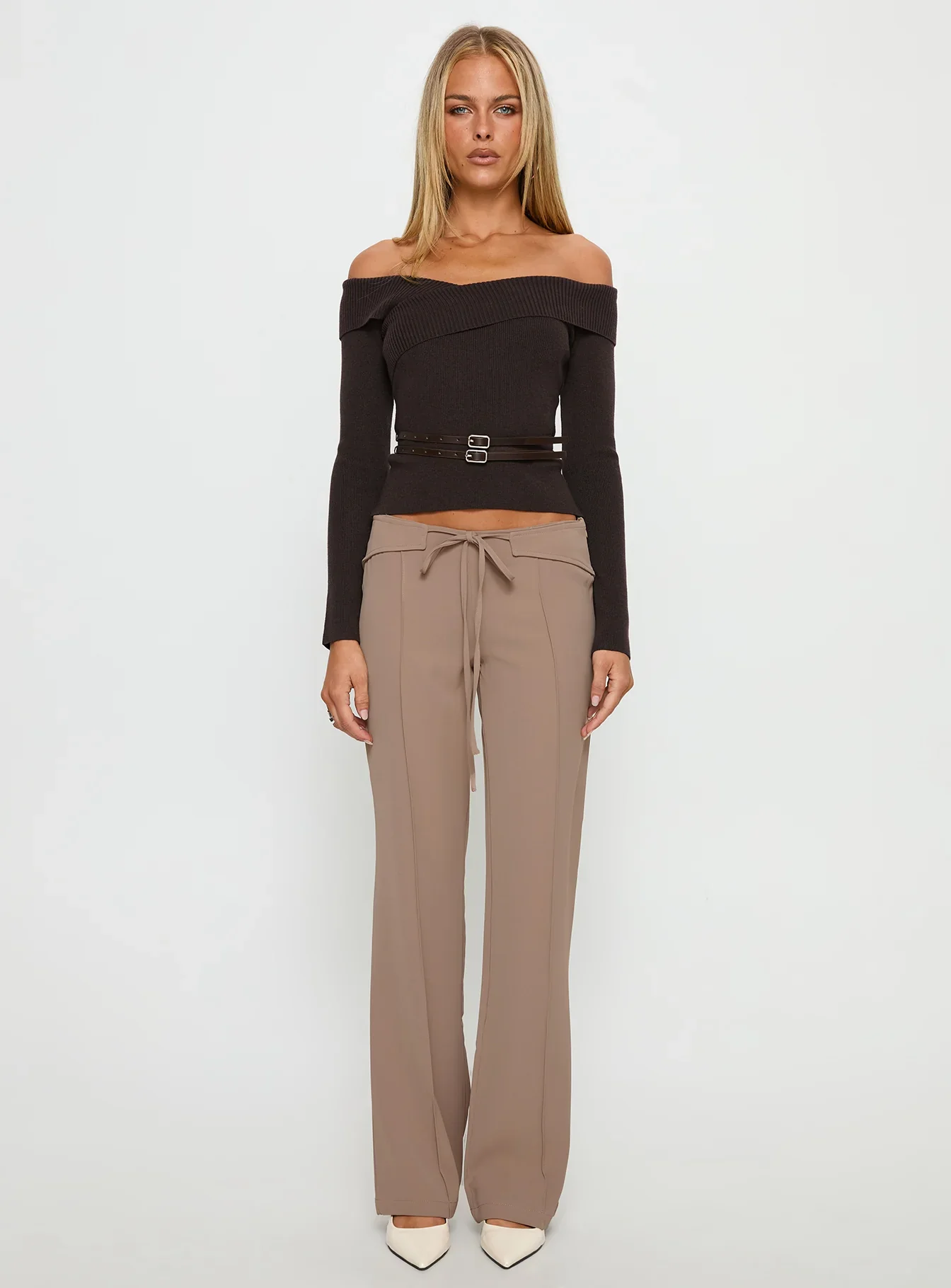 Ellenore Belt Detail Off Shoulder Top Brown
