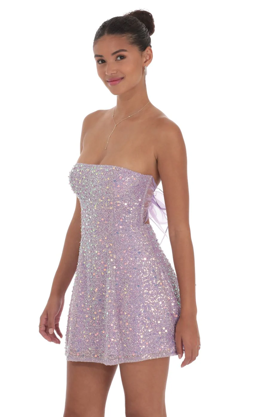Sequin Glitter Strapless Fit and Flare Dress in Lilac
