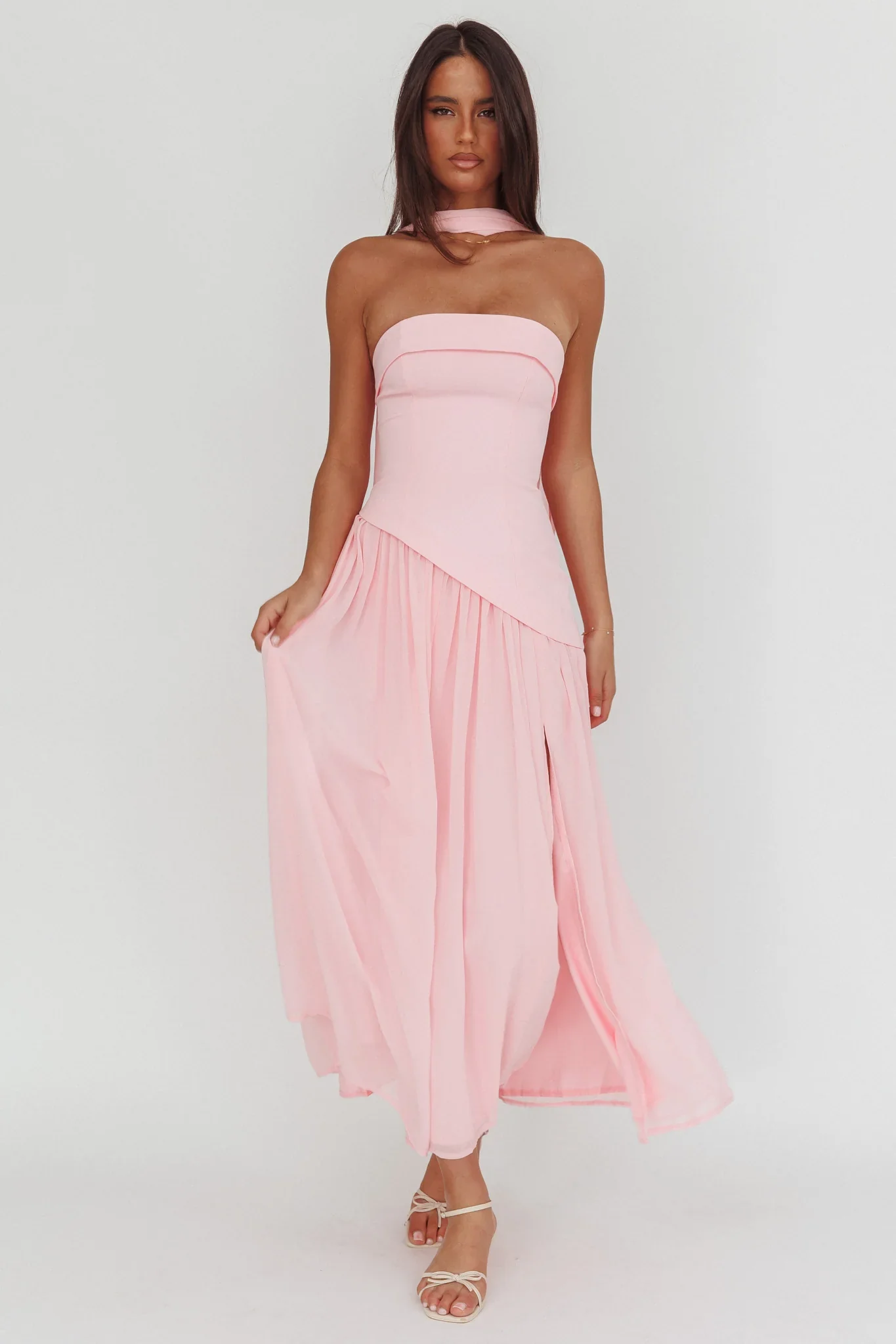 Mariabella Asymmetric Bodice Maxi Dress Pink