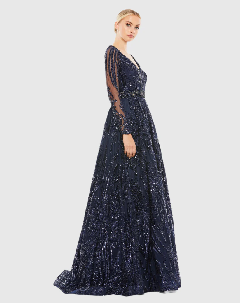 Long Sleeve Embellished Evening Gown