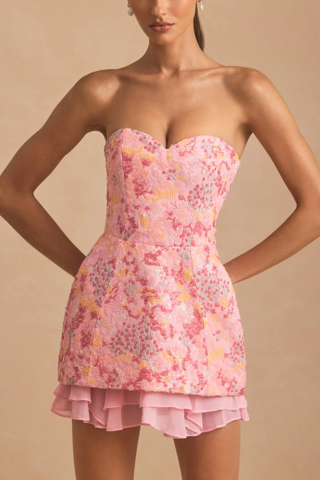 Embellished Strapless Corset Mini Dress in Pink