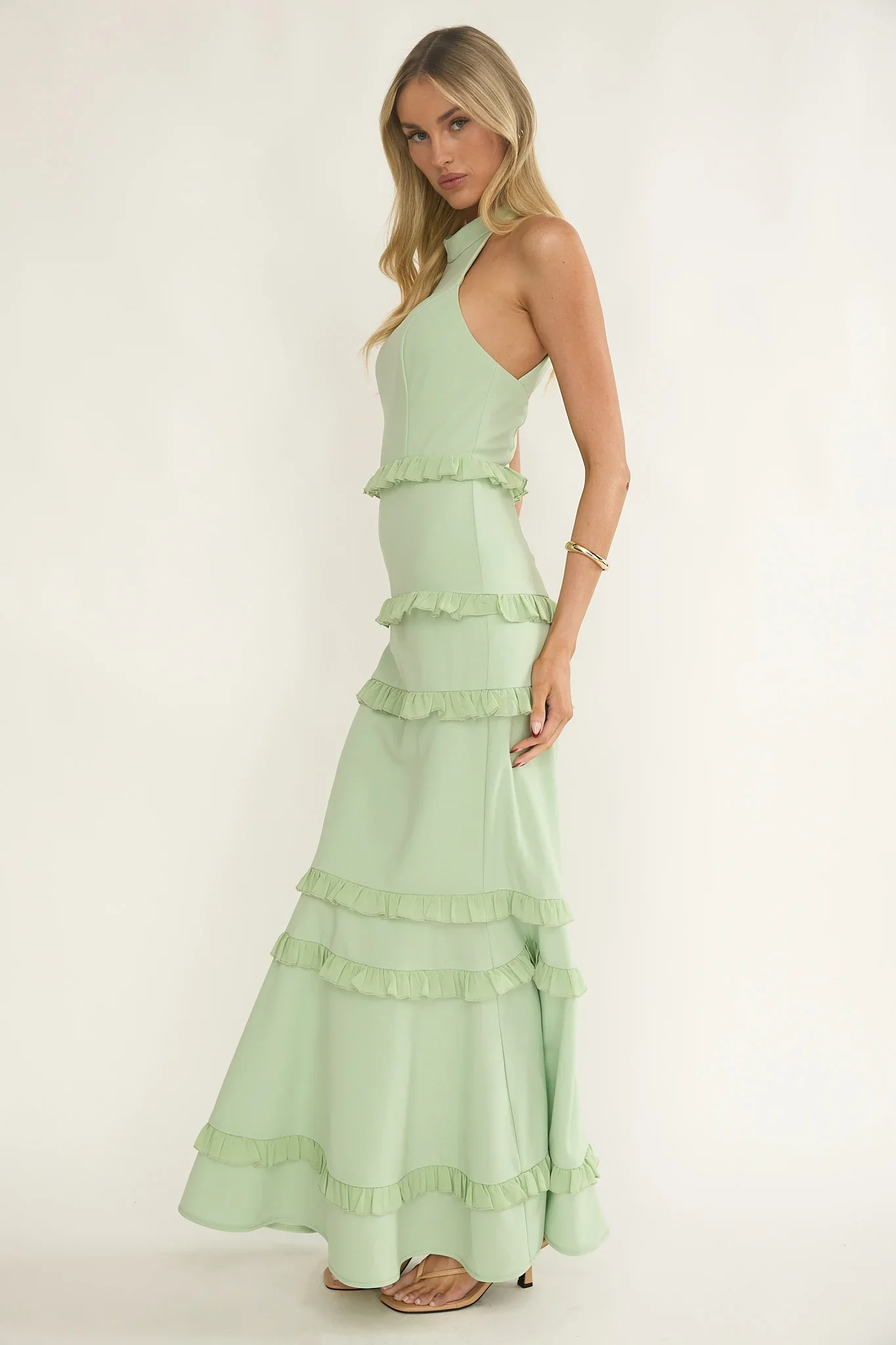 Haze Frill Trim Halterneck Maxi Dress Sage