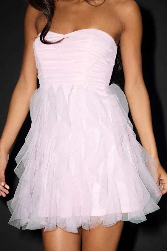 Delightful Beauty Pale Pink Mesh Strapless Ruffled Mini Dress