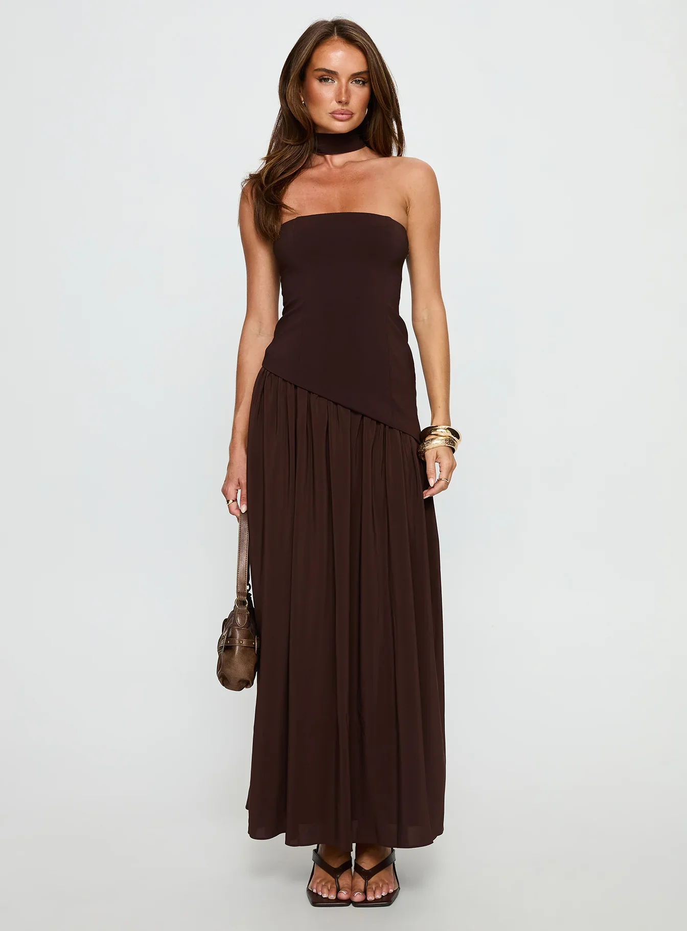 Odela Strapless Drop Waist Maxi Dress Chocolate